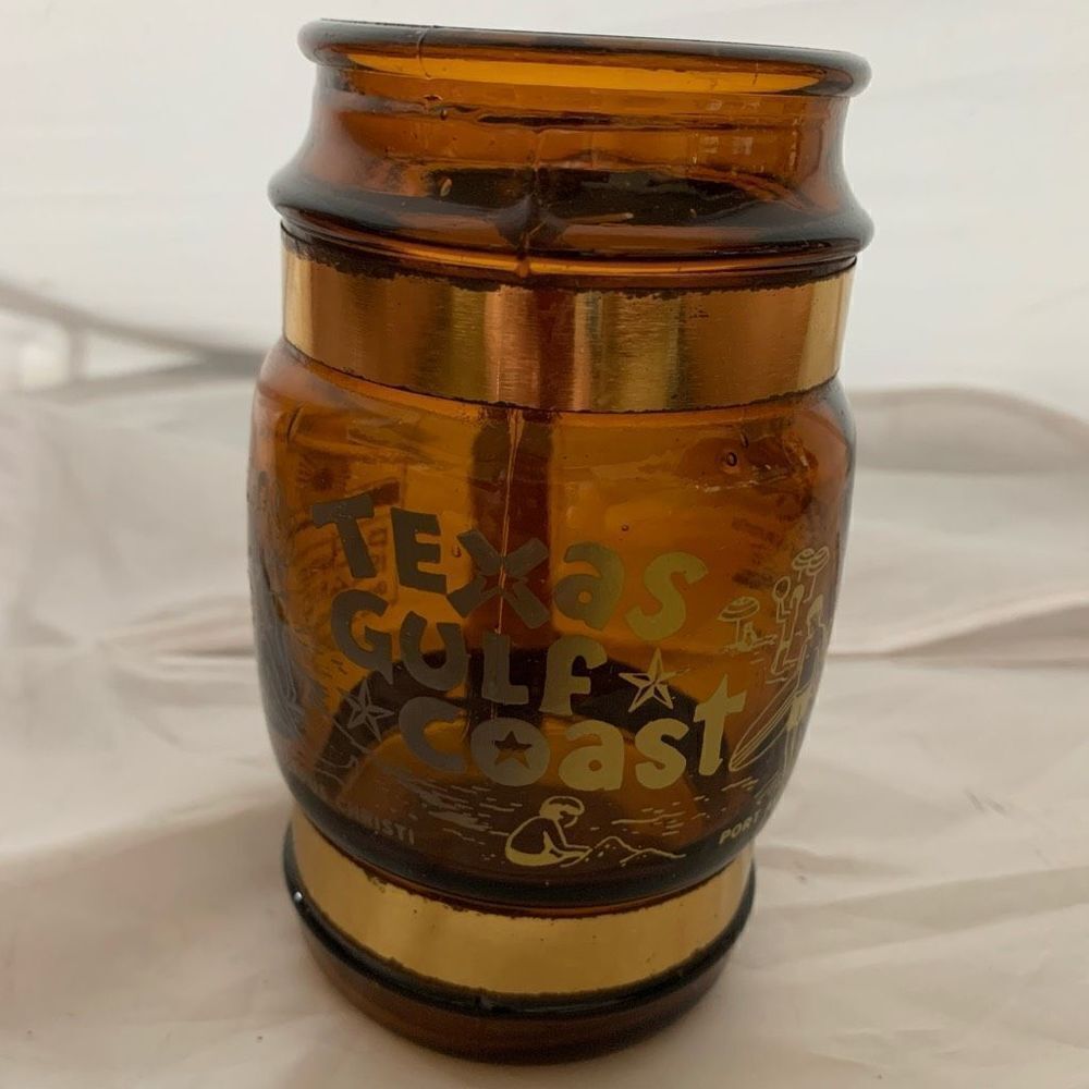 Vintage Texas Gulf Coast Souvenir Brown Glass Mug Wood Handle